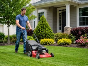 Homeowner mowing a healthy green lawn in front of a suburban house