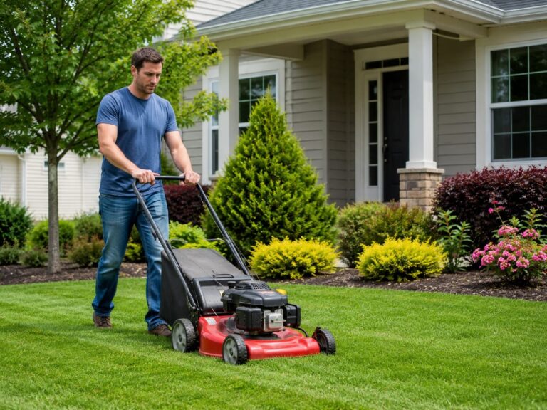 Homeowner mowing a healthy green lawn in front of a suburban house