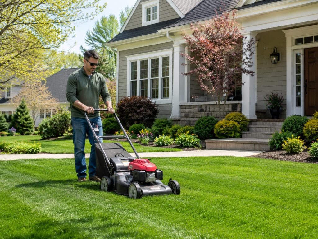 Homeowner mowing a healthy green lawn in spring