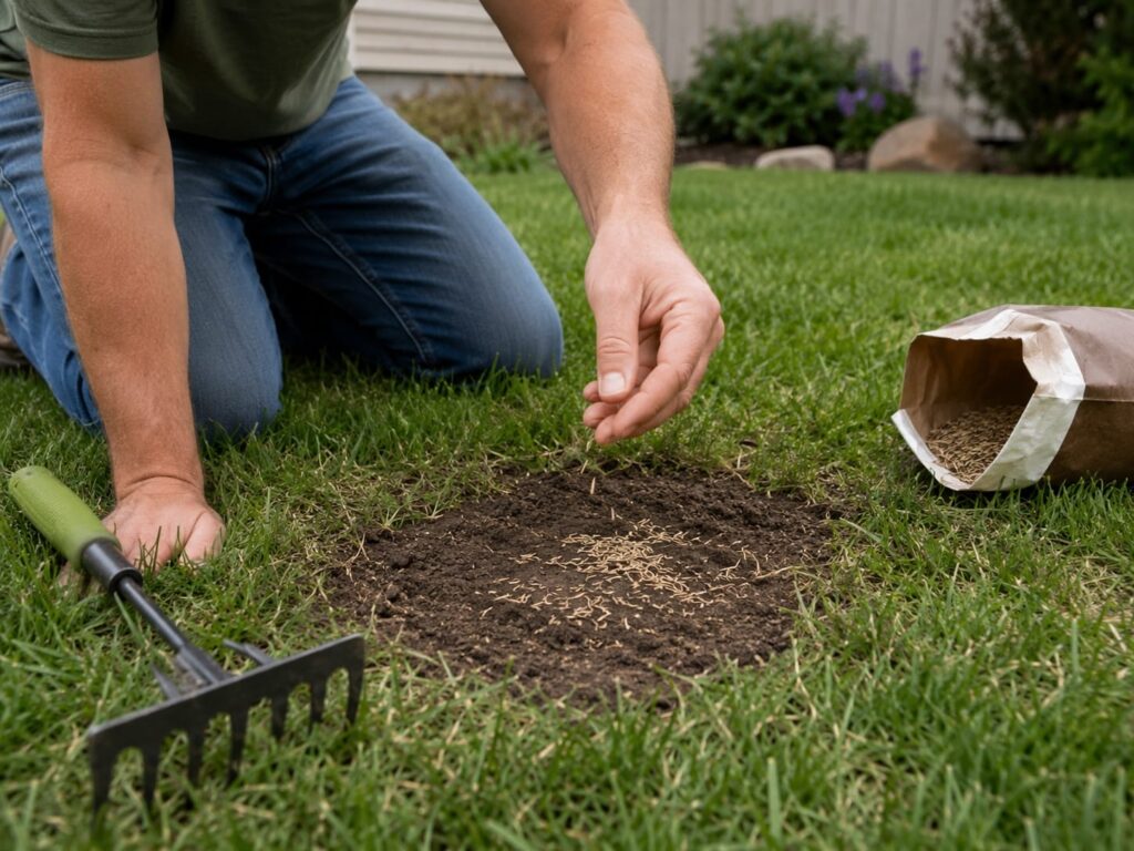 Homeowner repairing a bare lawn patch with grass seed and hand tools