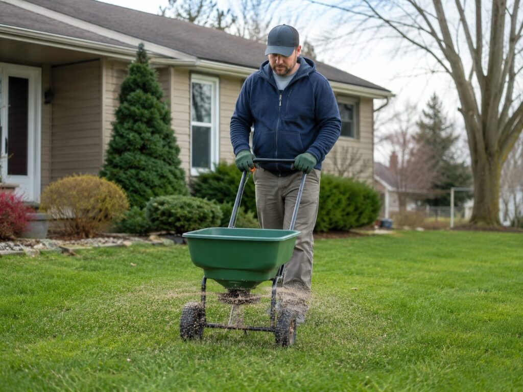 Homeowner spreading grass seed or fertilizer on a suburban lawn