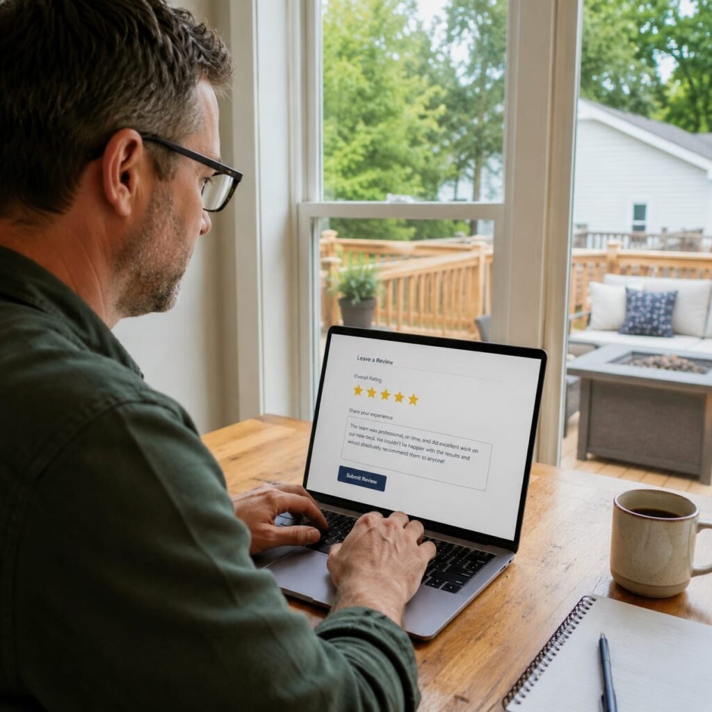 Homeowner writing a contractor review after a completed backyard project