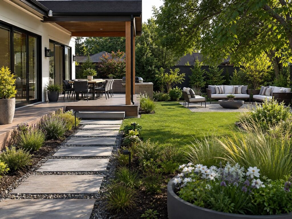Modern backyard with patio, lawn, garden path and separate outdoor dining and lounge zones