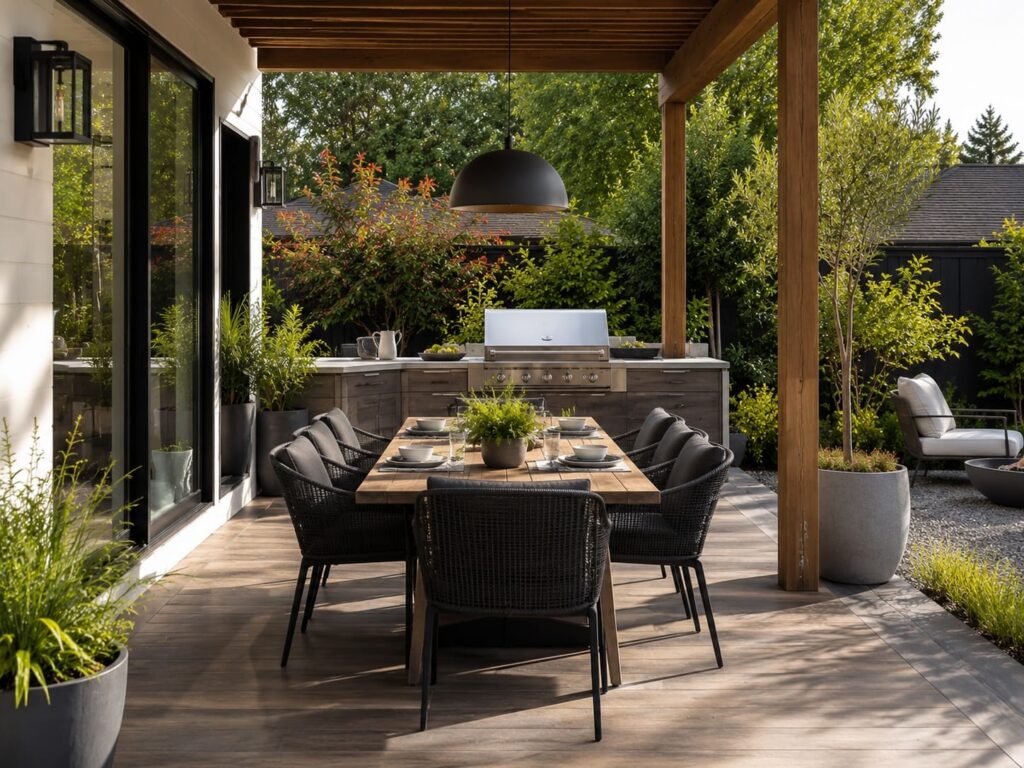 Covered outdoor dining area with pergola, grill station, wooden table and surrounding garden plants