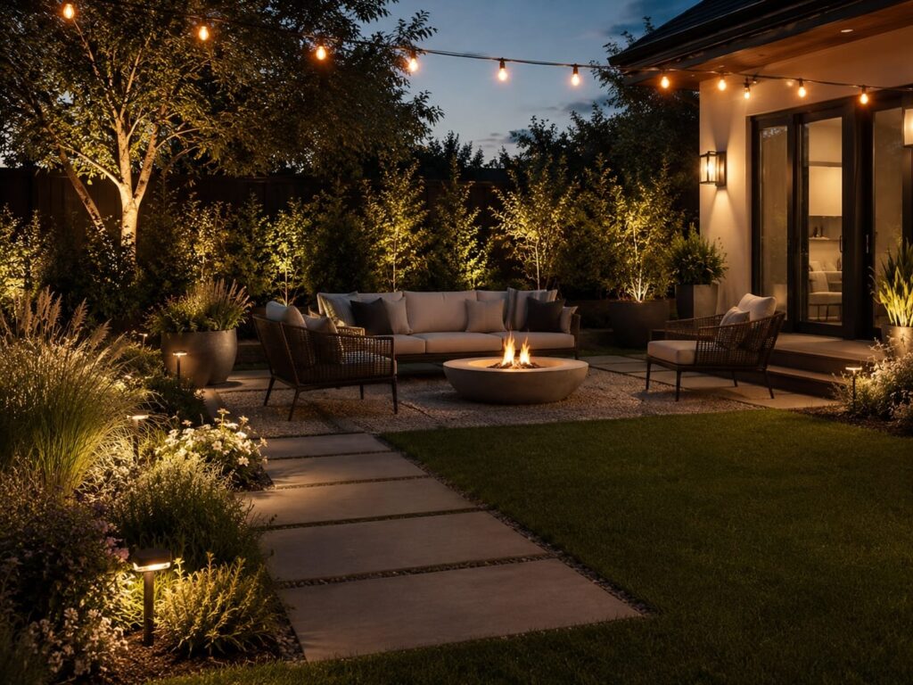 Cozy backyard lounge at dusk with fire pit, string lights, pathway lighting and layered landscaping