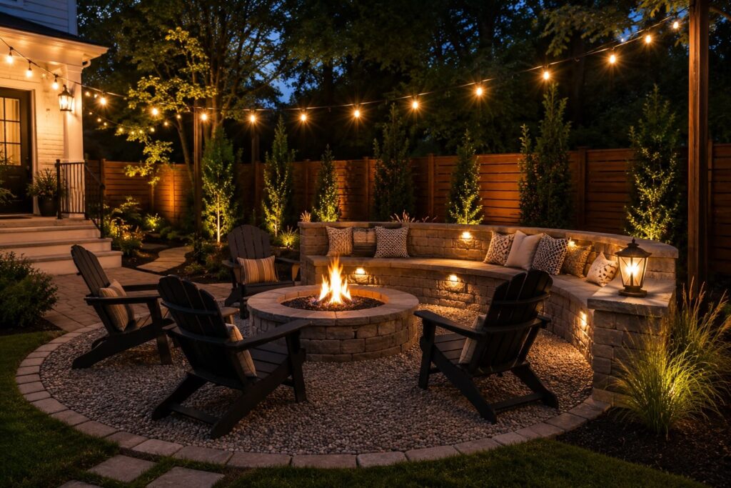 Illuminated Fire Pit Corner with Adirondack Chairs