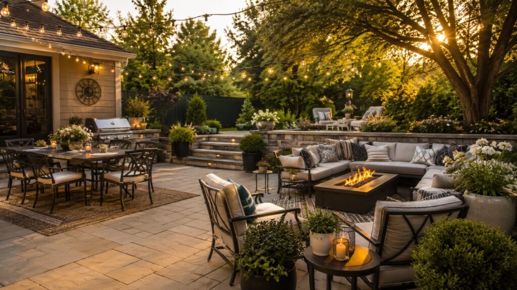Inviting Backyard Entertaining Space at Golden Hour