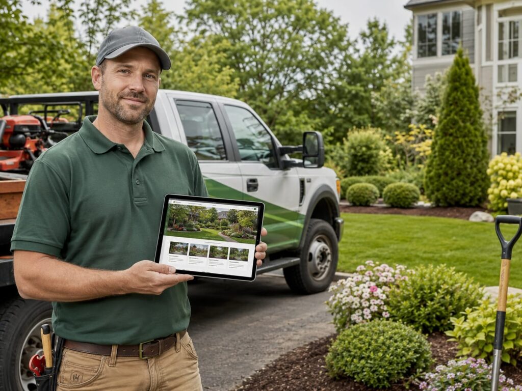 Landscaping business owner presenting project photos on a tablet