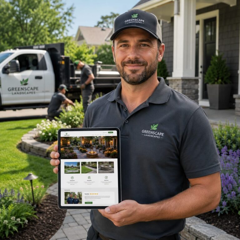 Landscaping business owner showing a clear website on a tablet