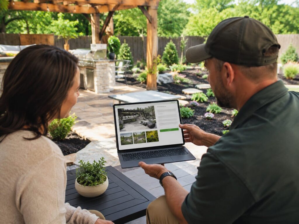 Landscaping contractor reviewing a clear website with a homeowner