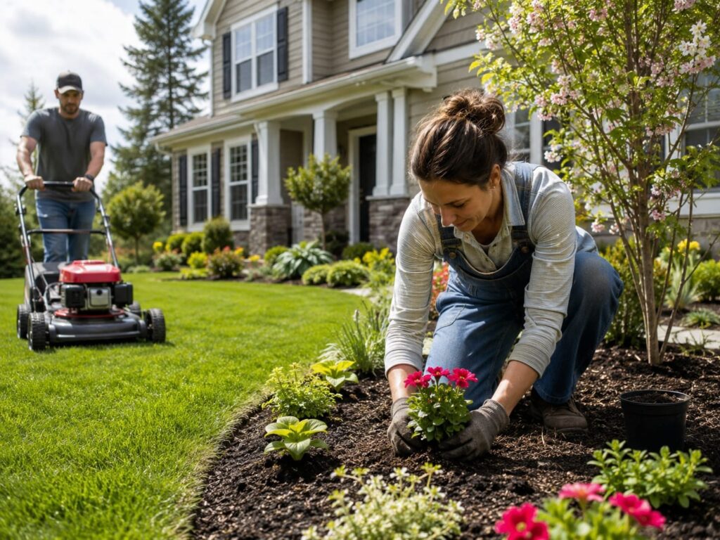Landscaping crew mowing and planting flowers in a front yard