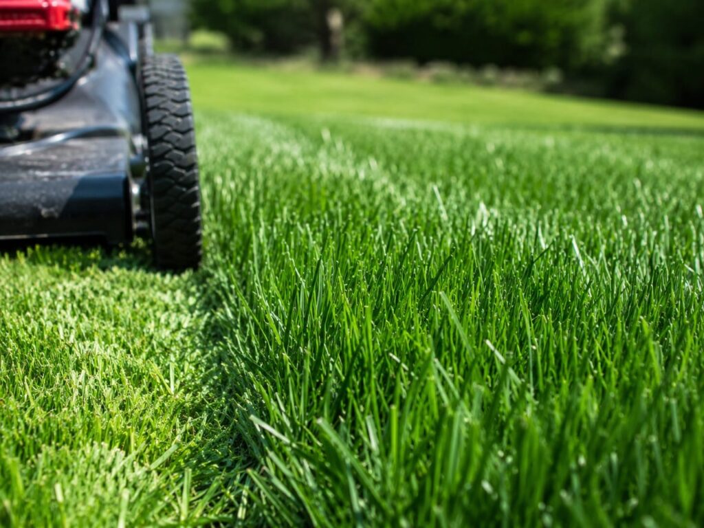 Lawn mower cutting grass higher to help retain soil moisture