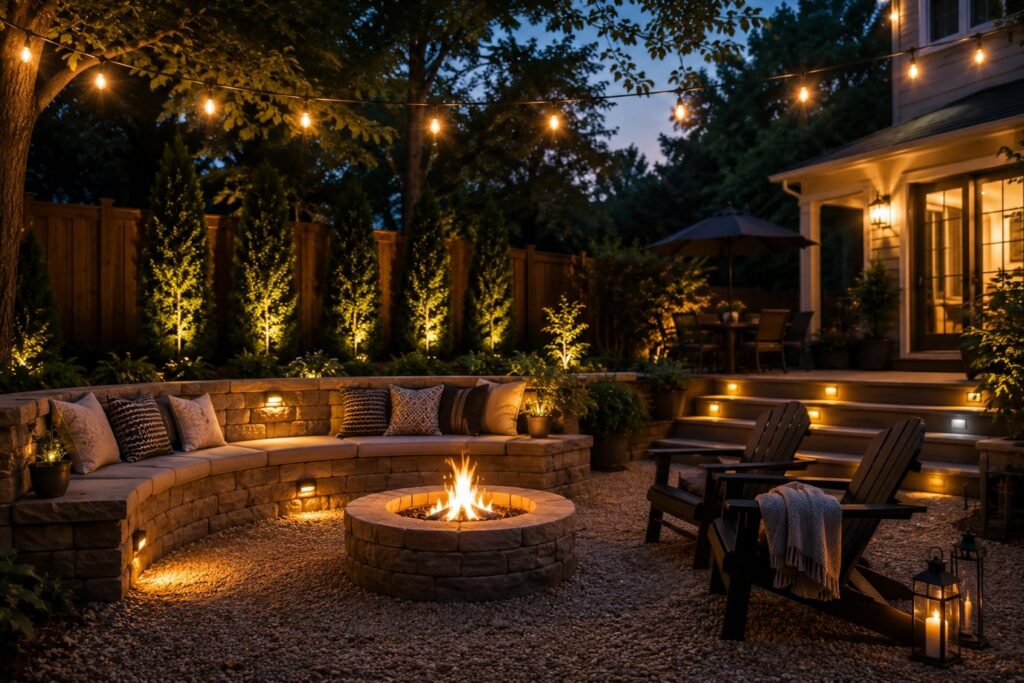 Layered Backyard Lighting Around a Fire Pit Patio