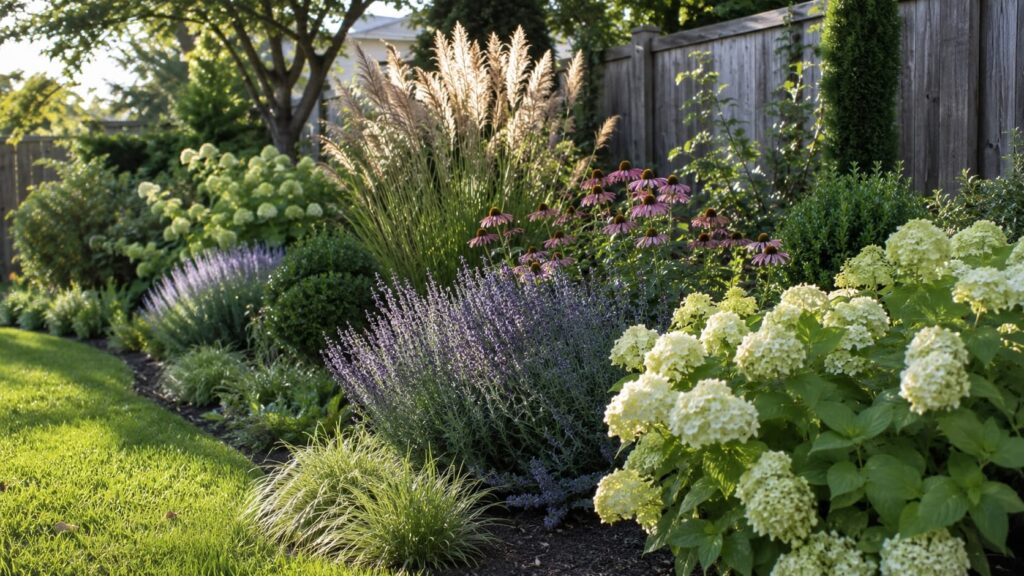 Layered Garden Border with Hydrangeas and Ornamental Grasses