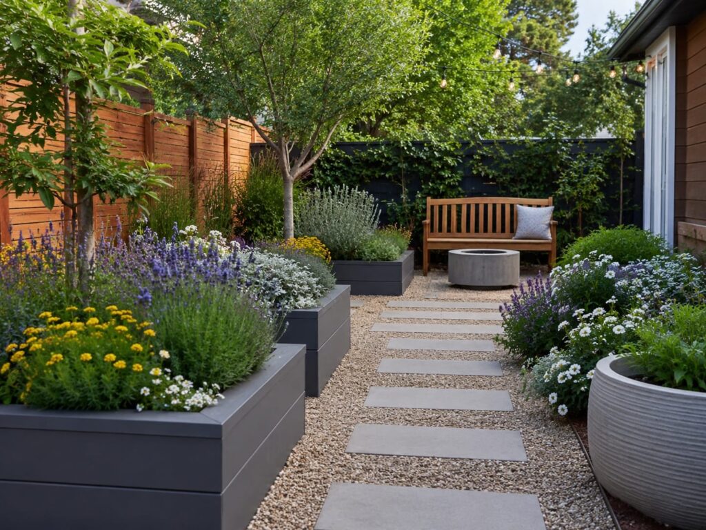 Low-maintenance backyard garden with raised planters, gravel path, flowering perennials, and cozy seating area