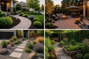 Low-maintenance front yard landscape with curved paver walkway, mulch beds, shrubs, and layered planting