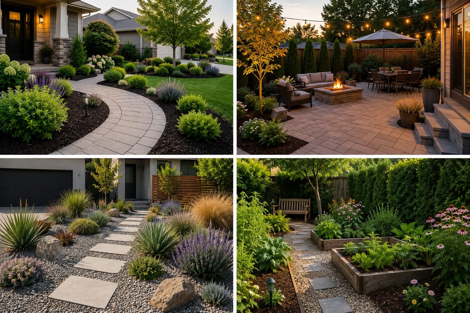 Low-maintenance front yard landscape with curved paver walkway, mulch beds, shrubs, and layered planting