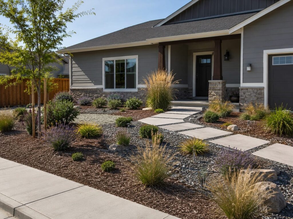 Low-maintenance front yard landscaping with gravel beds, ornamental grasses, shrubs, and modern stepping stone walkway