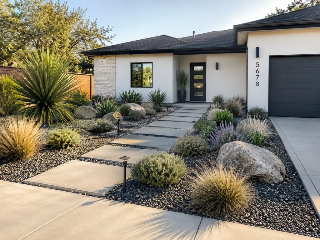 Low-maintenance front yard with gravel landscaping, stepping stone walkway, drought-tolerant plants, and modern home exterior