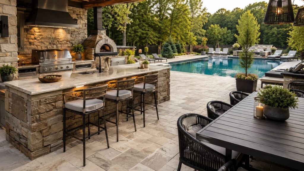 Luxury outdoor kitchen with pizza oven and bar seating beside a backyard pool