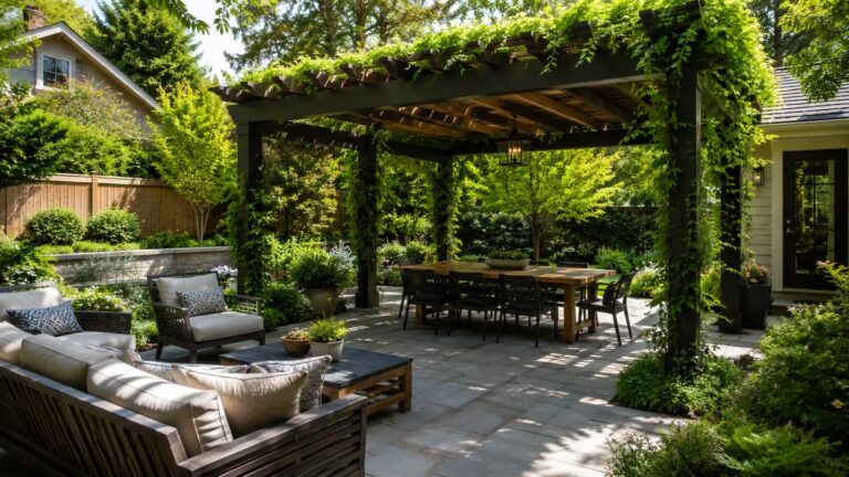 Modern Backyard Pergola with Shaded Dining Area