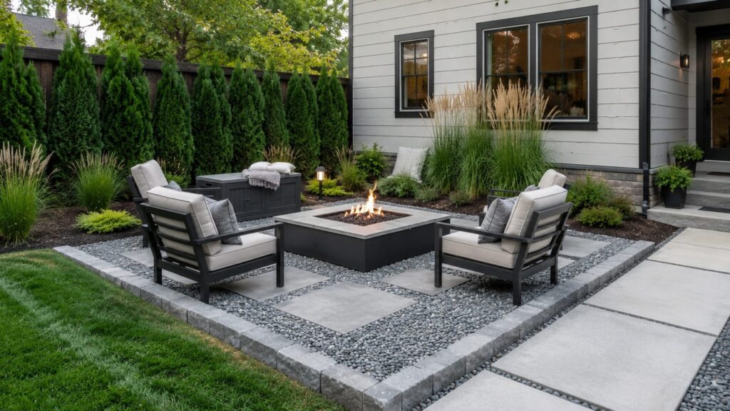 Modern Fire Pit Patio with Gravel and Pavers