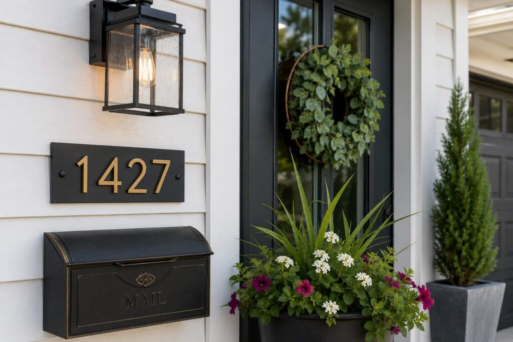 Modern curb appeal details with house numbers, mailbox and exterior lantern