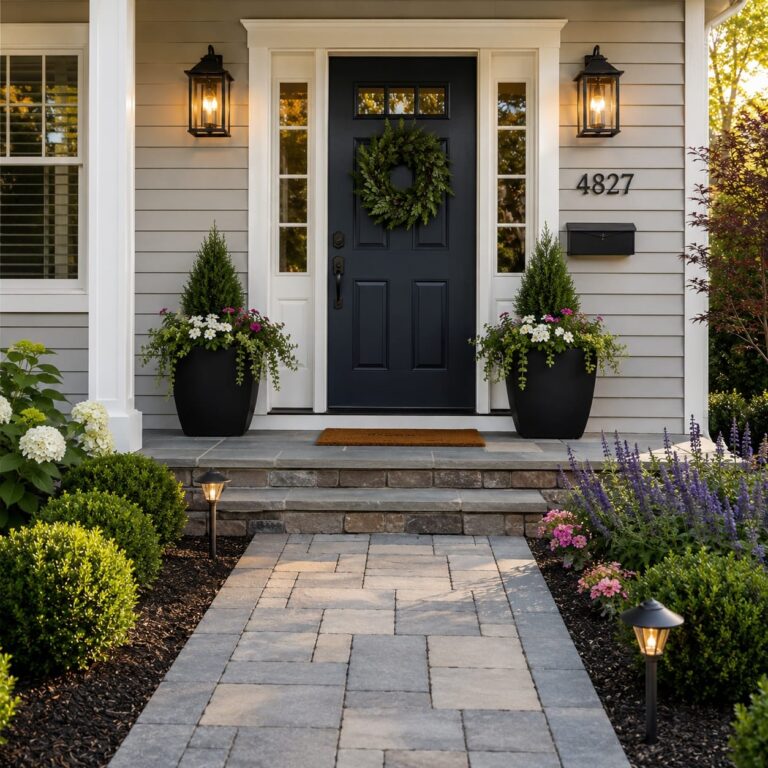 Modern front entry with black door, planters and house numbers