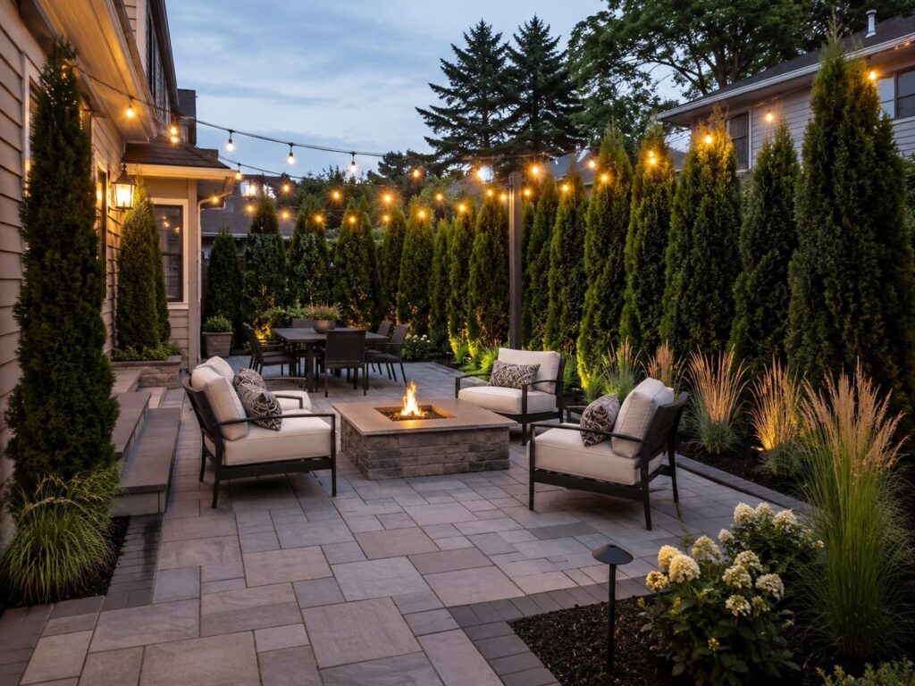 Modern low-maintenance backyard patio with fire pit, string lights, evergreen privacy hedge, and outdoor seating