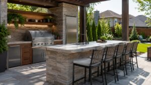 Modern outdoor kitchen with built-in grill, stone island and bar seating