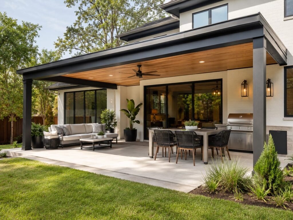 Modern patio cover attached to a house with outdoor seating