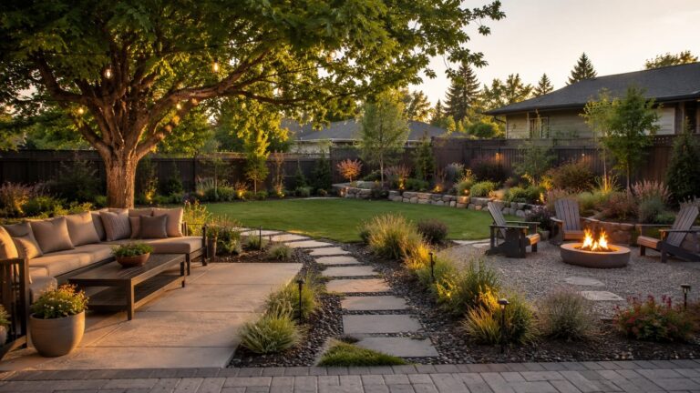 Multi-Zone Backyard with Lounge, Fire Pit and Garden Lighting