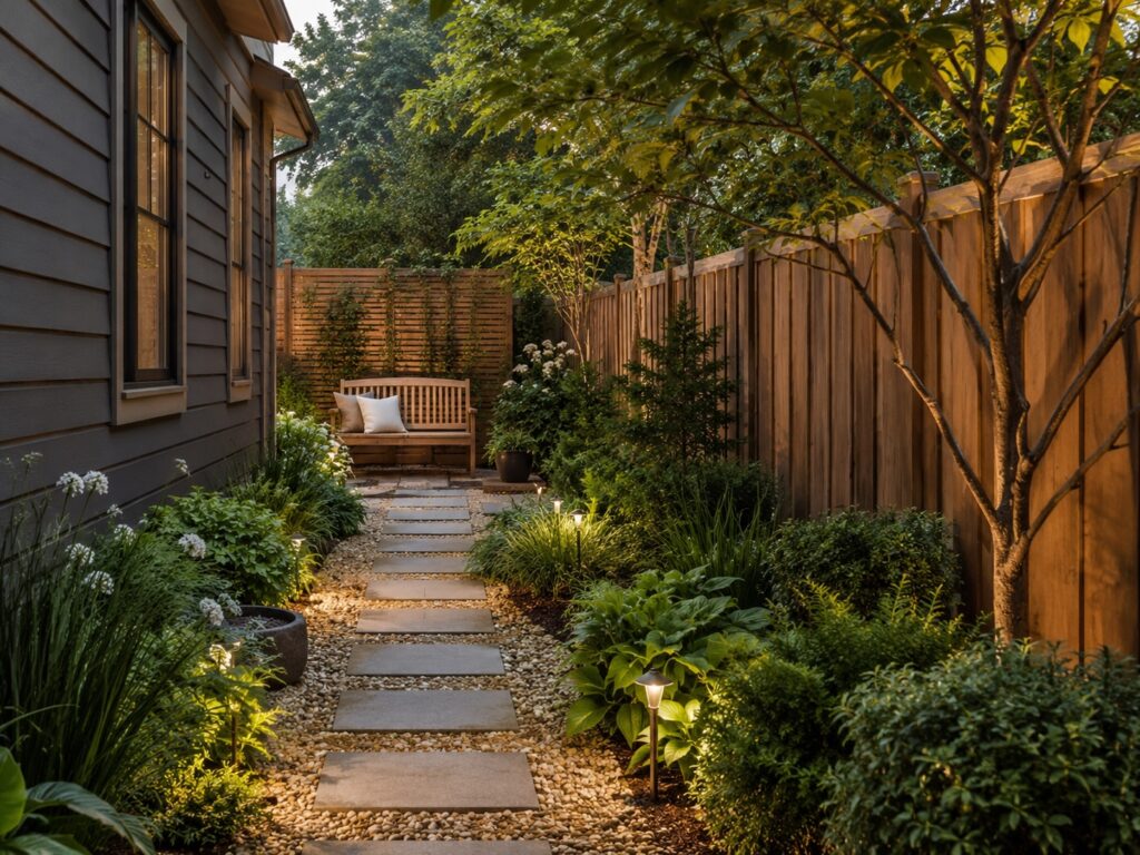 Narrow backyard garden path with stepping stones, soft landscape lighting, shrubs and wooden fence