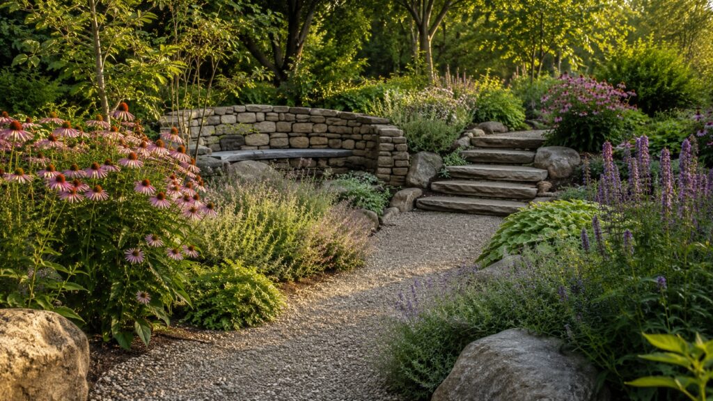 Natural Stone Path and Steps Surrounded by Perennials