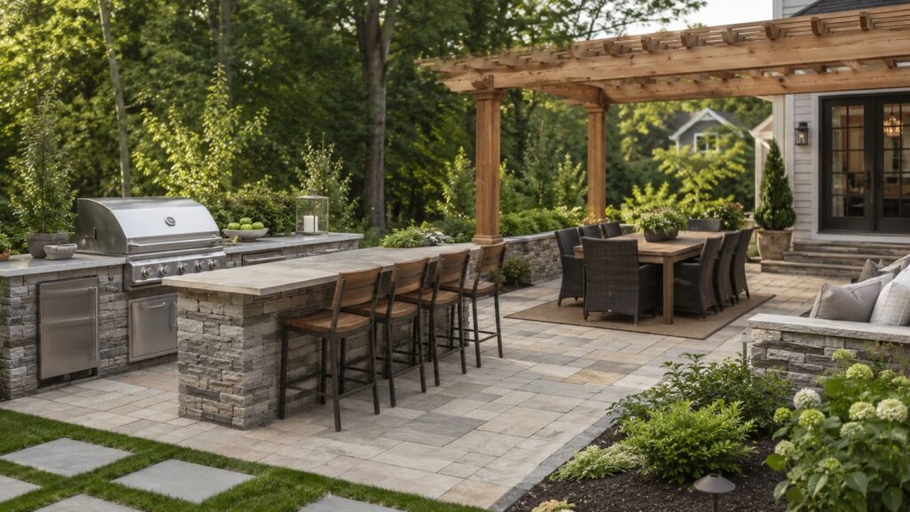 Outdoor Kitchen and Dining Area Under a Pergola