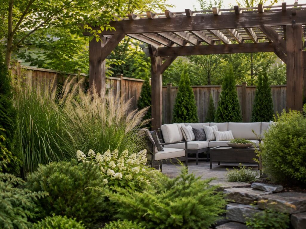 Private backyard seating area with wooden pergola, ornamental grasses, evergreen shrubs, and layered garden planting