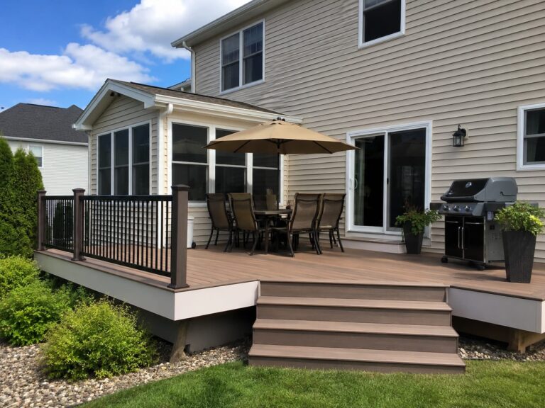 Raised backyard deck with outdoor dining area and grill