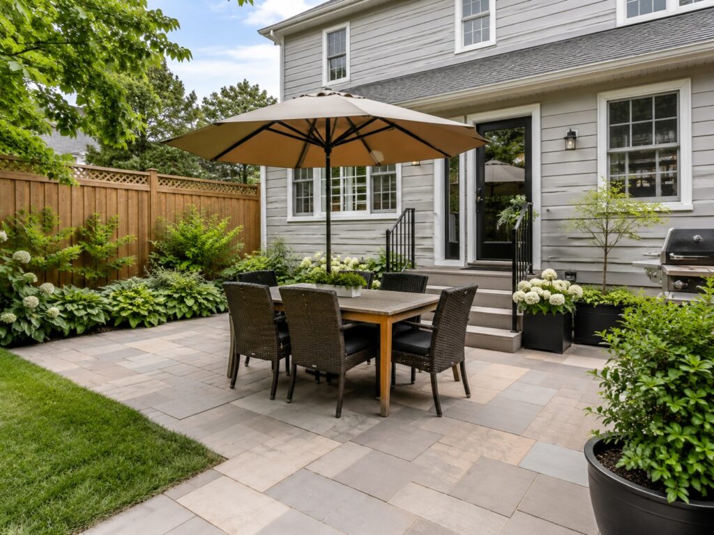 Small backyard patio with outdoor dining table, umbrella, paver flooring and lush garden borders