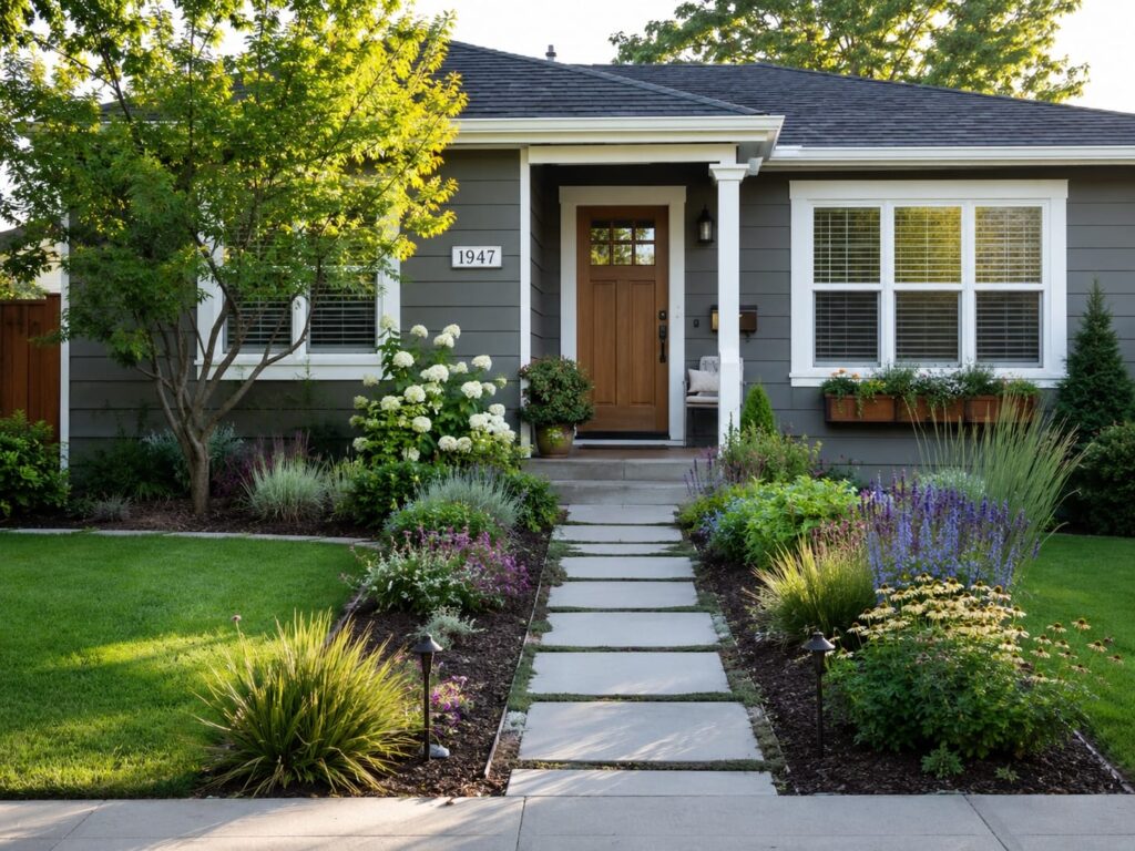 Small front yard landscaping with stepping stone walkway, layered perennials, ornamental grasses, and porch planters