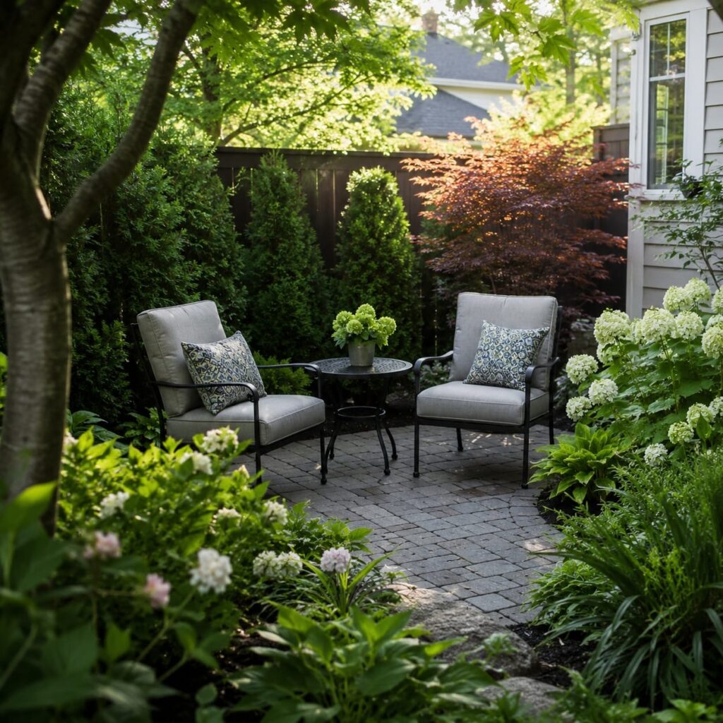 Small garden patio with two chairs and lush landscaping