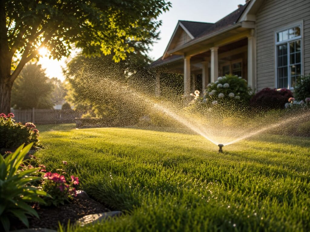 Sprinkler watering a lush residential lawn in the morning sunlight