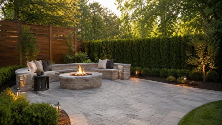 Stone Fire Pit Lounge in a Landscaped Backyard Corner