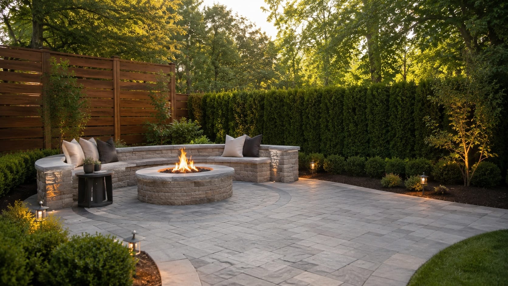 Stone Fire Pit Lounge in a Landscaped Backyard Corner