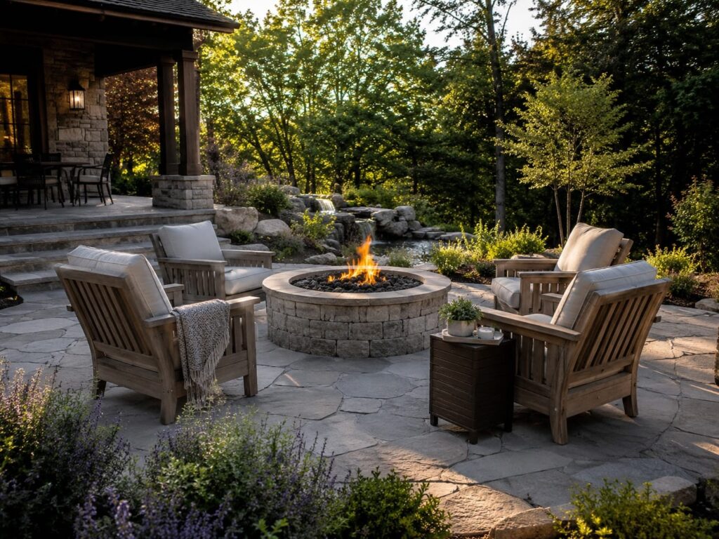 Stone patio with fire pit and comfortable outdoor lounge chairs