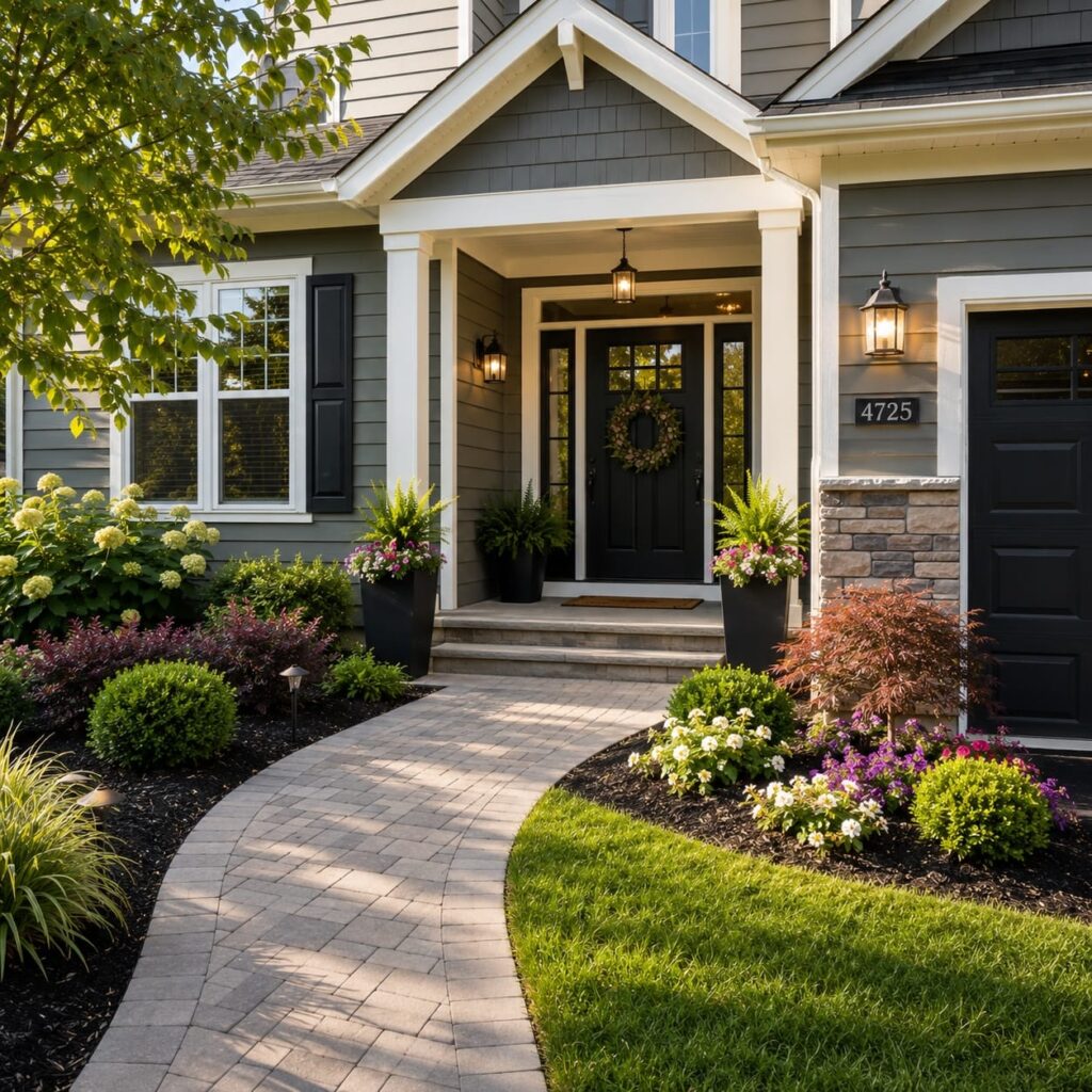 Updated suburban home exterior with landscaped front walkway