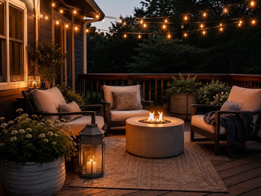 Warm outdoor seating area at dusk with fire pit, string lights, lounge chairs and cozy patio decor