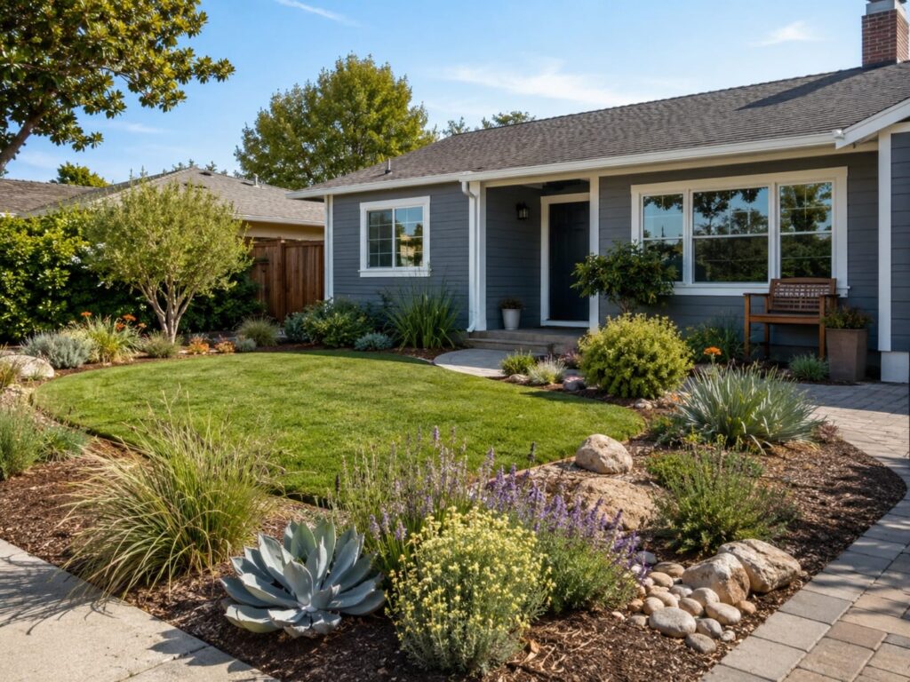 Water-wise front yard with green lawn and drought-tolerant landscaping