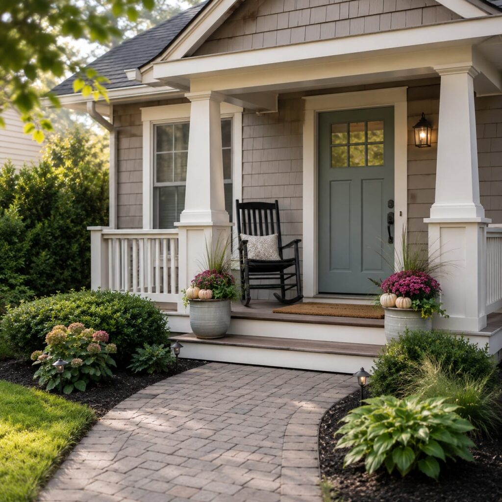 Welcoming front porch makeover with painted door and seasonal planters