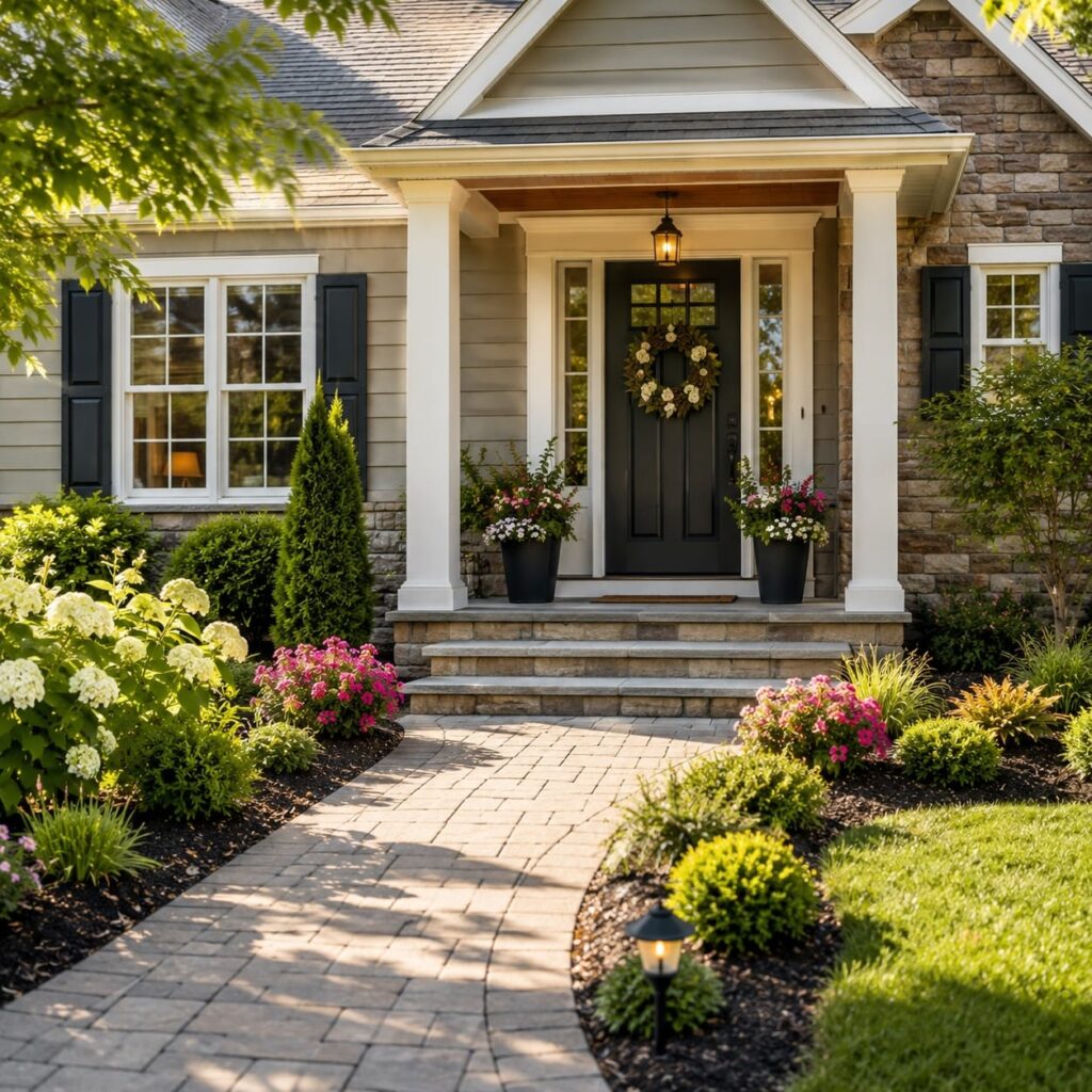 Welcoming front porch with fresh landscaping and paver walkway