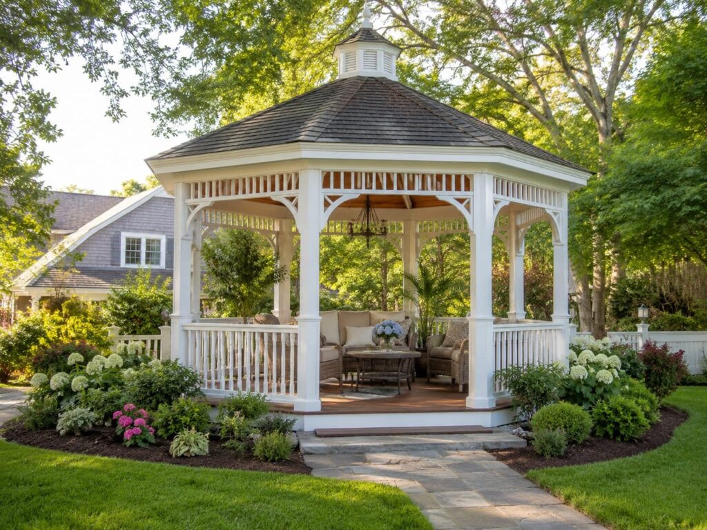 White backyard gazebo surrounded by garden landscaping